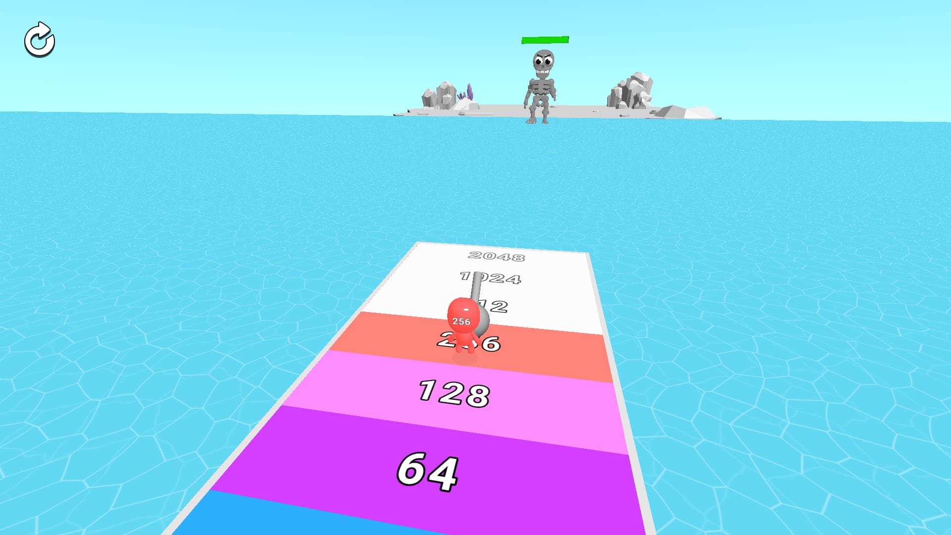 Man Runner 2048 — the finish ramp where the number collected turns into the final score